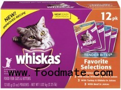 WHISKAS Wet Cat Food Tender Bites Favorite Selections Variety 3 Oz Pouches 12CT BOX