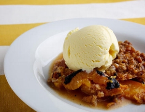 grilled peach cobbler with sage sweet corn ice cream
