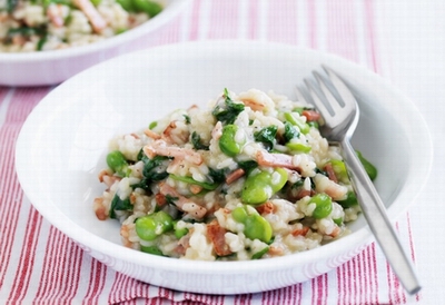 Broad bean, bacon and spinach risotto