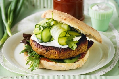 Korma curry lentil burgers with mango chutney