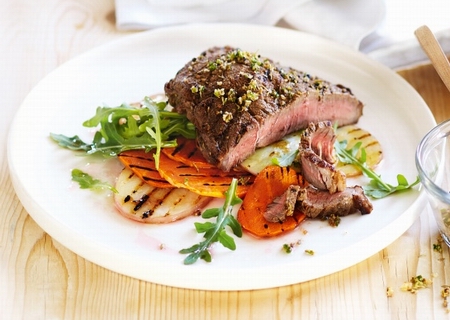 Chilli steaks with chargrilled potato salad