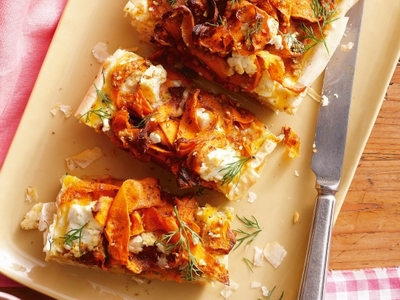 Carrot, feta, dill and chickpea tart