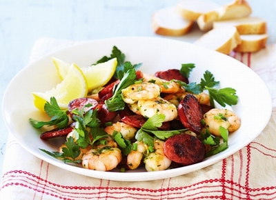 Chorizo and garlic prawns