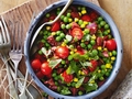 Warm pea, corn and chorizo salad