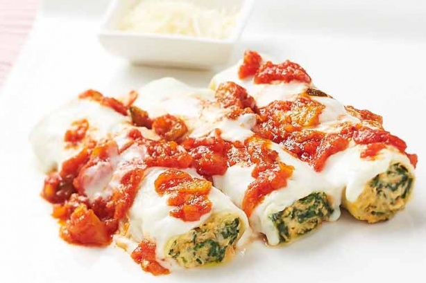 Cannelloni with silver beet and Mediterranean vegetables sauce