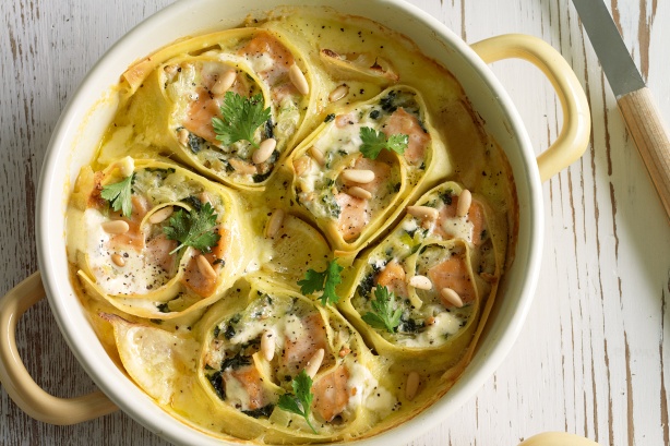 Silverbeet and salmon rotolo with lemon cream