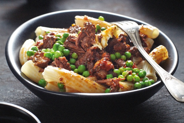 Rigatoni with slow-cooked beef and peas