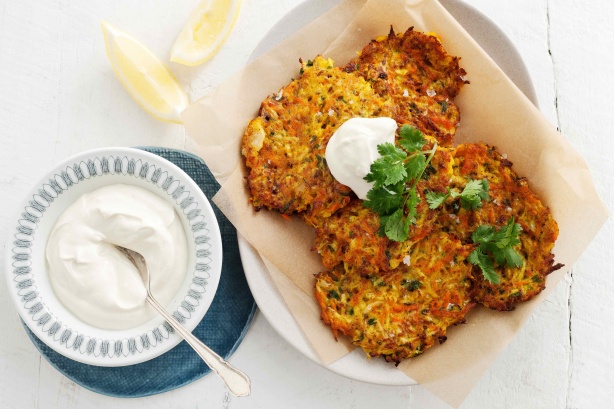 Spiced kohlrabi fritters with tahini yoghurt dressing