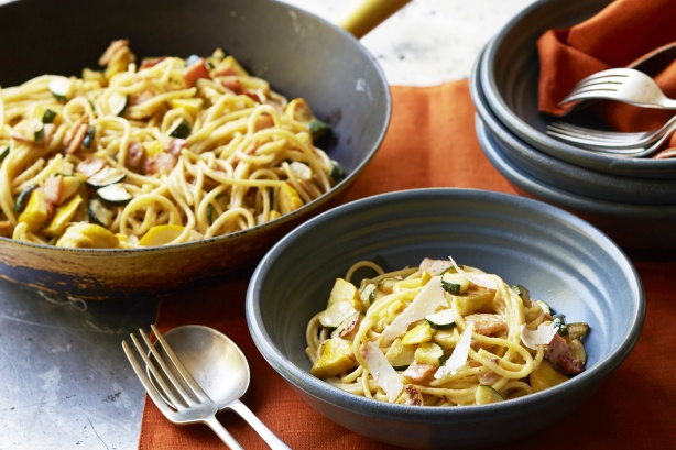 Spaghetti carbonara with zucchini and yellow squash