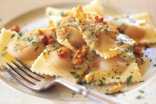 Pumpkin and goats' cheese ravioli with walnut sauce