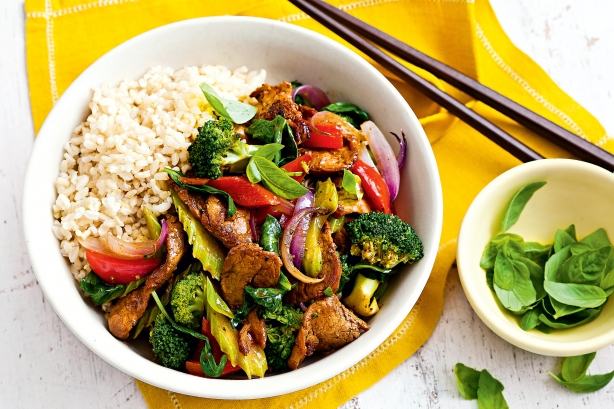 Pepper pork, vegetable and basil stir-fry