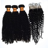 Peruvian Virgin Hair Kinky Curl 3 Pcs Hair Bundles With 1 Pc Lace Closure