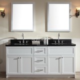 72 Double Bowl White Bathroom Cabinets With Black Granite, Framed Mirror And Square Sink