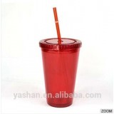 Cold Drink Tumbler Double Wall Insulated Plastic With Straw 16oz. Capacity Clear Color