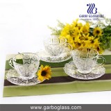 Middle East Style Sunflower Design Of Crystal White Quality Glasses Mug And Saucer Sets For Drinking